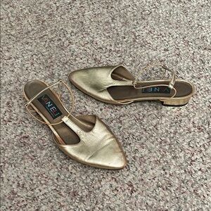 Vintage Metallic leather Gold t strap Slingback mini heel elastic ankle strap